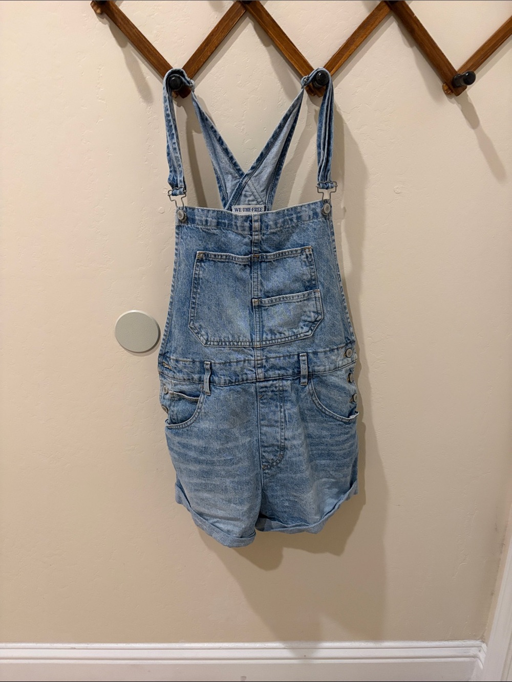 We The Free Light Wash Denim Short Overalls